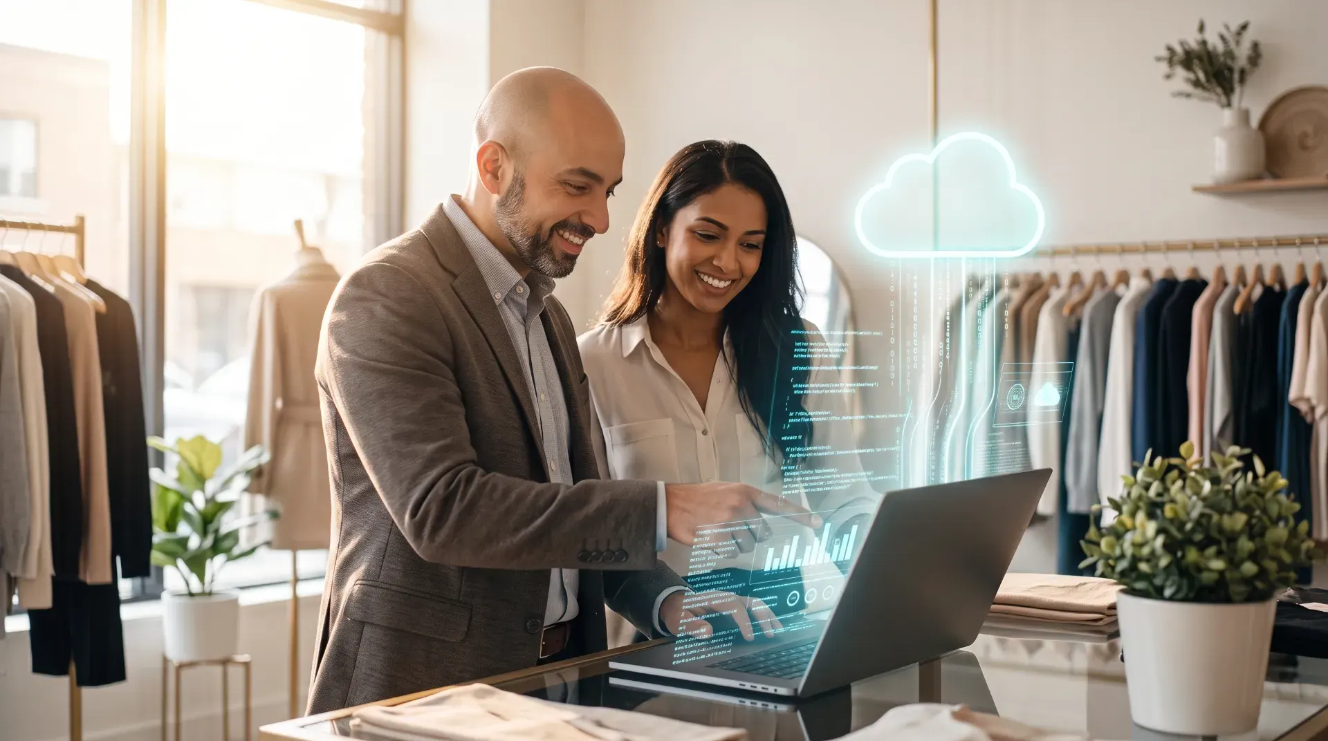 A boutique owner reviewing sales data with her consultant