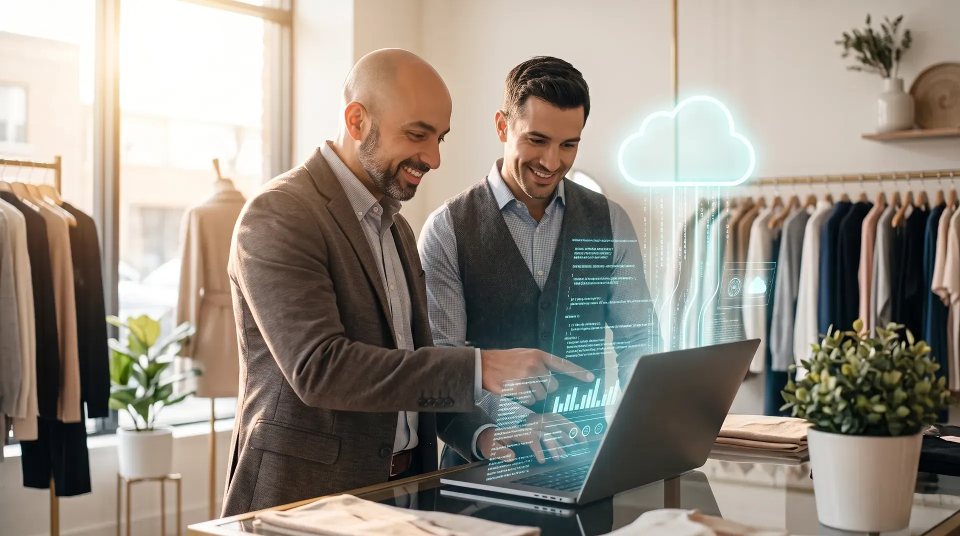 A clothing store owner reviewing sales data with his consultant